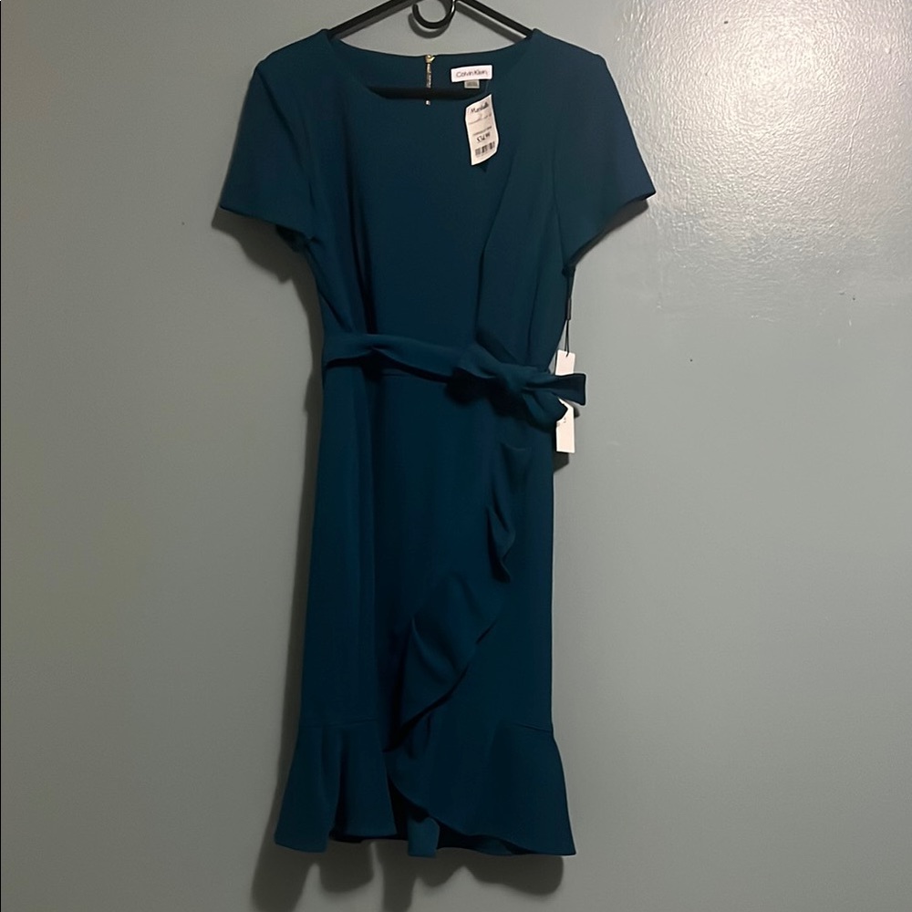 Calvin Klein Green and Blue Ruffled Wrap Dress